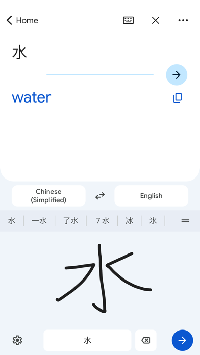 구글 번역이 'water'를 중국어 간체로 번역하는 화면 — 입력하거나 말하거나 카메라를 중국어 텍스트에 비추면 즉시 오버레이 번역