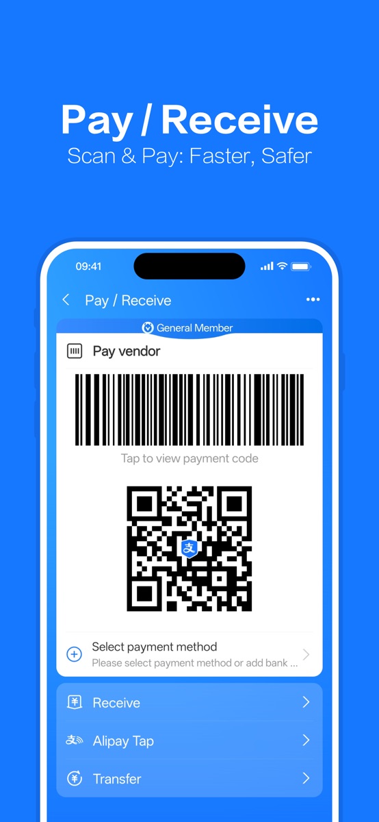 Alipays Pay/Receive-Bildschirm — zeige deinen QR-Code an der Kasse oder tippe auf Scan, um den Code eines Händlers zu erfassen