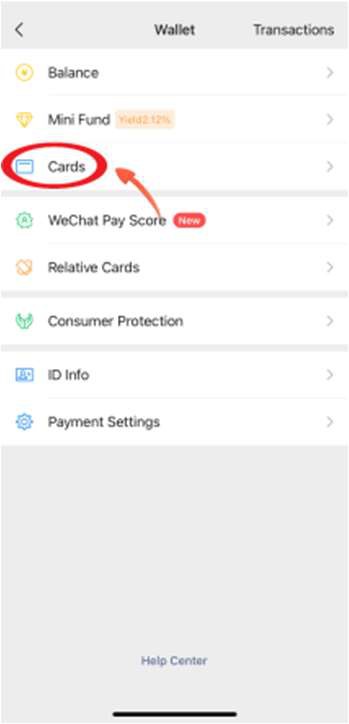 WeChats englischer Weixin-Pay-Wallet-Bildschirm mit Transaktionen, Guthaben, Karten und Zahlungseinstellungen